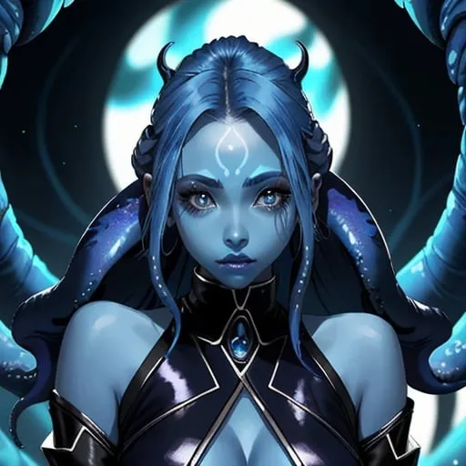 Prompt: A beautiful young woman, stunning, alien, blue skin, tentacles for hair, jedi, symmetrical, hardened