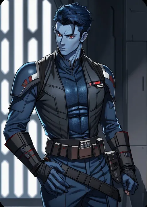 Prompt: man, red eyes, star wars, imperial officer, Chiss, slicked hair, navy blue skin, blue skin, manly, masculine, hardened