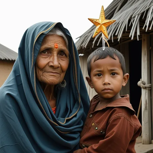 Prompt: An old Indian  lady with a kid infront of a hut , with christmas star