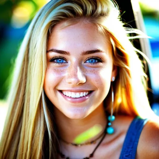 Prompt: Gorgeous  20 years old girl with long bushy blonde hair, laughter lines around her eyes, cute dimples, happy, a cute smile, sunny, Hot, freckles, big blue eyes, petite, diamond nose piercing on lower left side, three piercings on each ear, with a curious gaze adorn her face. She is dressed in cargo shorts and a crop top. Breathtakingly beautiful in paradise