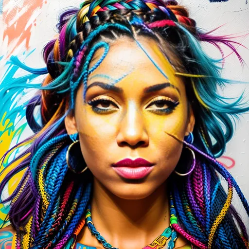 Prompt: Detailed digital illustration of a confident hip-hop girl, vibrant street art style, bold colors and dynamic poses, realistic digital painting, urban graffiti backdrop, intricate braided hair with colorful highlights, fierce and expressive facial features, high-quality, vibrant street art, urban, confident stance, bold and dynamic, intricate braided hair, colorful highlights, fierce expression, detailed digital painting