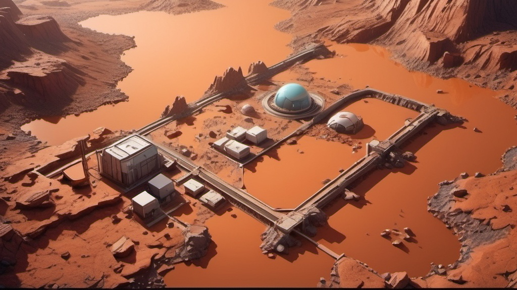 Prompt: make it look like an isometric landscape of mars. with rocks, abandoned buildings and flora, and a radioactive river