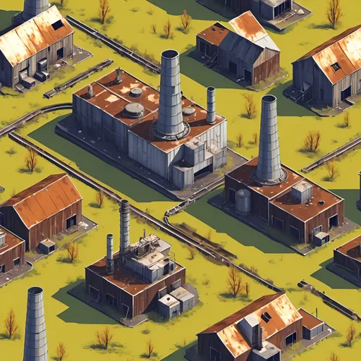 Prompt: isometric radioactive landscape with abandoned, rusted industrial buildings
