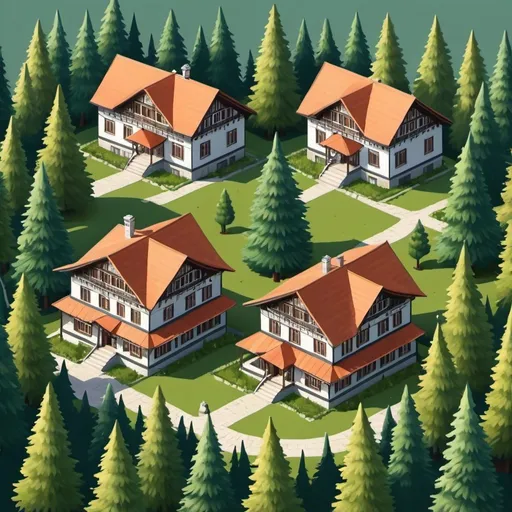 Prompt: isometric landscape with coniferous trees and Bulgarian Revival houses, two stories, symmetrical, 4 pitched roof, realistic, Koprivshtitsa
