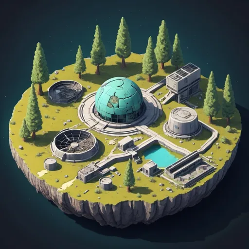 Prompt: isometric map of an abandoned radioactive planet