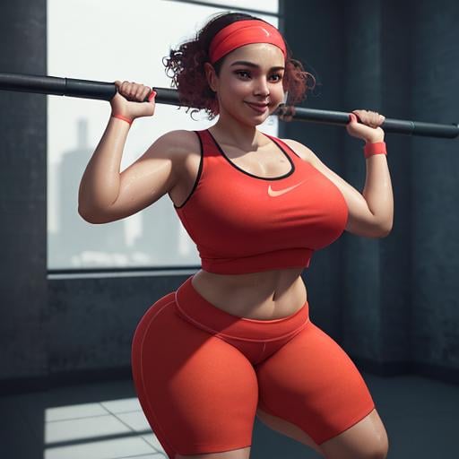 Prompt: Elegant, beautiful, thick Latina, sweating, smiling, while doing squats, dressed in a sporty, tight matching red Nike workout fit, shorts wearing beat slim headband plus model, curvy, curly hair, short women, rendered in unreal engine, octane 5.5