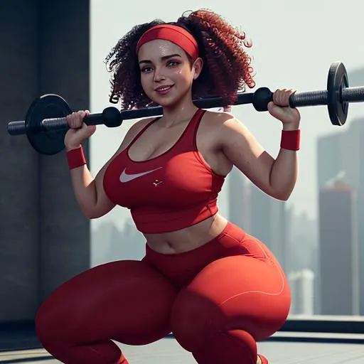 Prompt: Elegant, beautiful, thick Latina, sweating, smiling, while doing squats, dressed in a sporty, tight matching red Nike workout fit, wearing beat slim headband plus model, curvy, curly hair, short women, rendered in unreal engine, octane 5.5