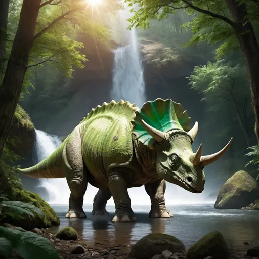 Prompt: Beschreibung für das digitale Kunstwerk:

Motiv: Ein futuristischer Triceratops
Farbe: Der Körper des Triceratops sollte in einem lebhaften, leuchtenden Grün gehalten sein, mit schimmernden Akzenten, die ihm ein modernes und technologisches Aussehen verleihen.
Hintergrund: Der Triceratops steht majestätisch in einem üppigen Wald. Die Bäume sind hoch und dicht, mit leuchtenden Blättern in verschiedenen Grüntönen.
Wasserfall: Im Hintergrund fließt ein beeindruckender Wasserfall, dessen Wasser kristallklar ist und in einem sanften Bogen über glatte Felsen plätschert. Das Licht der Sonne bricht sich im Wasser und erzeugt einen Regenbogen.
Atmosphäre: Die Szene sollte eine friedliche und magische Atmosphäre ausstrahlen, mit sanften Lichtstrahlen, die durch die Baumkronen fallen. Vielleicht gibt es auch einige schimmernde Partikel in der Luft, um den futuristischen Aspekt zu betonen.
