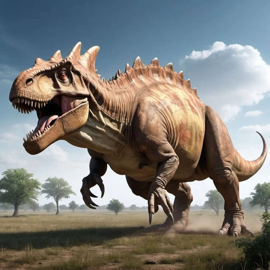 Prompt: Erstelle mir ein hochauflösendes, digitales Bild eines futuristischen Tyrannosaurus. Der Tyrannosarus sollte mit einem Triceratops kämpfen, am besten im offenen Feld!
