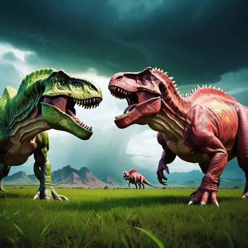 Prompt: Erstelle mir ein hochauflösendes, digitales Bild eines futuristischen Tyrannosaurus. Der Tyrannosarus sollte mit einem Triceratops kämpfen, am besten im offenen Feld!
