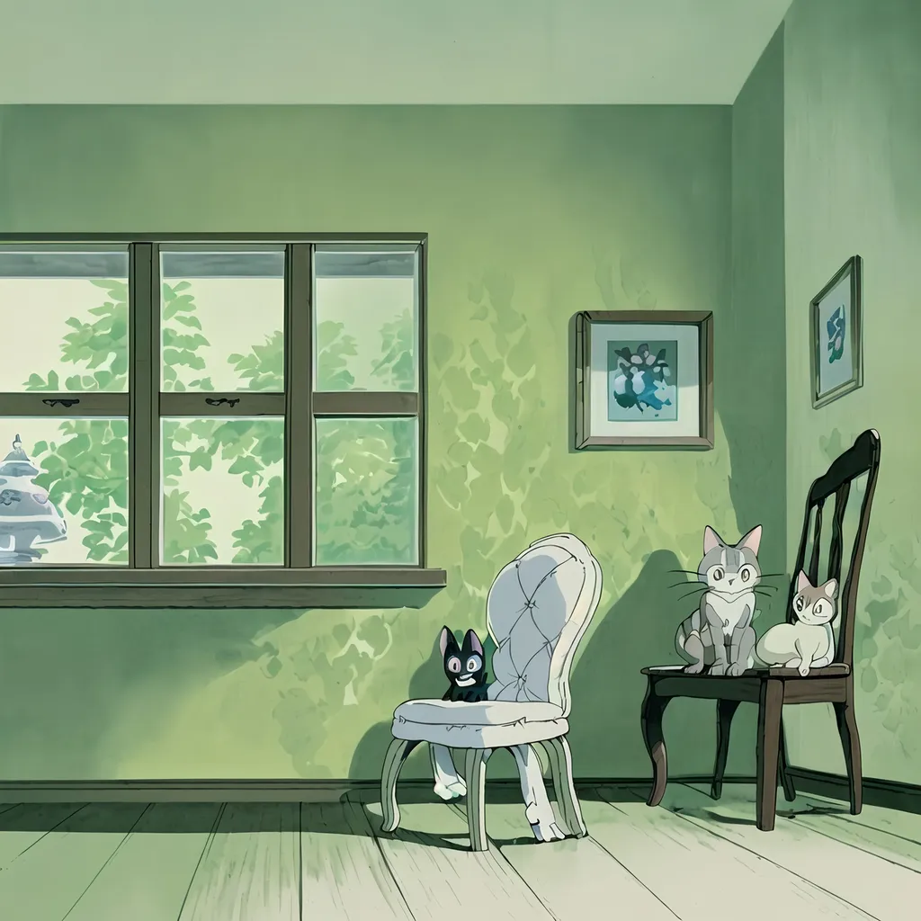 Prompt: Studio Ghobli, two adorable cats: smaller one is grey with white chest, bigger one is tabby with white chest and socks; sitting side by side on one cozy chair, light green wallpapered wall with window in the background, dreamy and whimsical atmosphere, reflecting the enchanting charm of (Hayao Miyazaki), portrait shot capturing the warm atmosphere