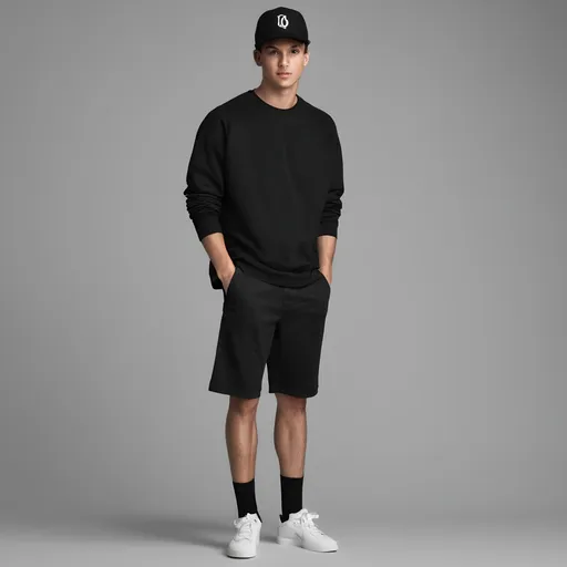 Prompt: outfit photoshoot male; black t sweatshirt, black shorts, black baseball cap