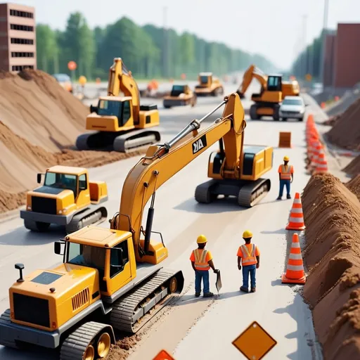 Prompt: create a highway construction  site with construction workers and heavy equipment
