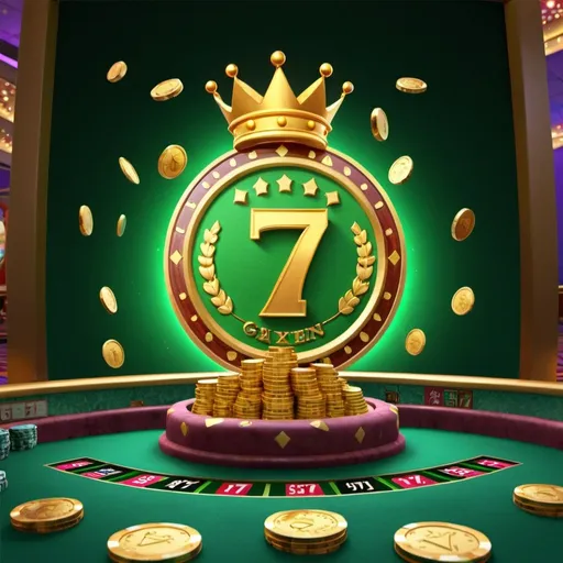 Prompt: a casino game with a 777 logo on it and a green background with gold coins and a crown, Cao Buxing, incoherents, artgem, a digital rendering