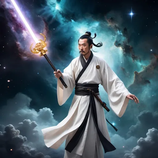 Prompt: An ancient Chinese cultivator wearing white clothing floating in space before a mpurble nebula while holding a great tang black sword ,he has a galaxy like aura around him shining with a star-like rays