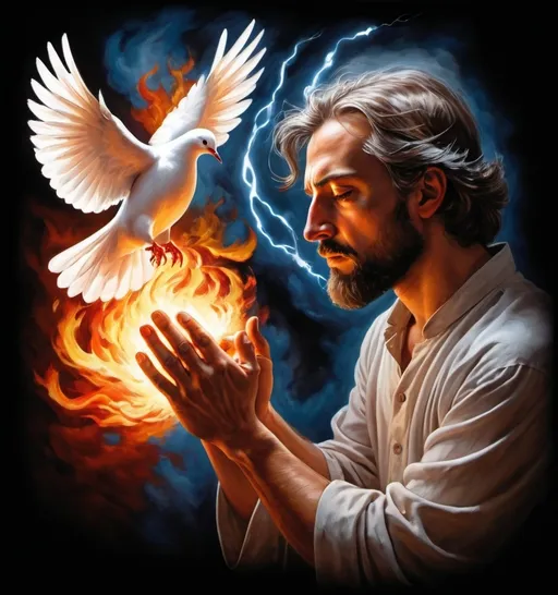 Prompt: A man is depicted kneeling in deep prayer, his head bowed and hands clasped tightly in front of his chest. A white dove is perched on his shoulder, but it is no ordinary dove—its wings and body are engulfed in bright, fiery flames, yet it remains calm and peaceful. The man's face is surrounded by crackling electric energy, with lightning-like tendrils illuminating his features, emphasizing the intensity of his spiritual connection. His clasped hands are also engulfed in vibrant flames, mirroring the fire of the dove. The dark, mystical background highlights the powerful, otherworldly energy surrounding the man and the burning dove.