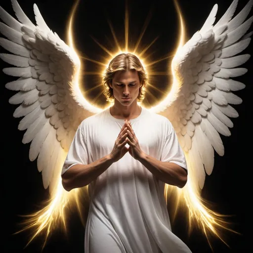 Prompt: Create an image of a powerful male angel with large, majestic wings, standing against a deep black background. The angel radiates divine energy, with his body and wings illuminated by brilliant rays of light that cut through the surrounding darkness. He holds an ornate, glowing pitcher (cántaro) filled with radiant, golden oil, which shines with a heavenly glow. A pure white dove, surrounded by crackling lightning-like energy, is perched on the angel's shoulder, adding an intense, otherworldly effect. The rays of light emanating from the angel create an ethereal, electrifying aura, making it appear as though the darkness is being driven back by the angel's divine presence. The overall composition should evoke a sense of awe, power, and celestial serenity.