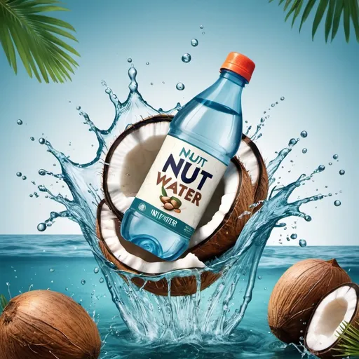 Prompt: a juicy logo for a brand of water called 'Nut Water' with tropical water splashing around coconuts