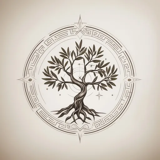Prompt: A minimalist tattoo stencil of a young and elegant olive tree with delicate branches and simple leaves. Above the tree, a detailed Sirius star is drawn with radiant lines, subtle constellation markings, and mythological flair. The roots of the tree gradually transition into a Cretan-style labyrinth, clean and symbolic, forming a spiritual base. The entire design should use clean black lines with minimalist dot and line accents for balance and flow. The style is refined, mystical, and harmonious — ideal for a sacred, spiritual tattoo