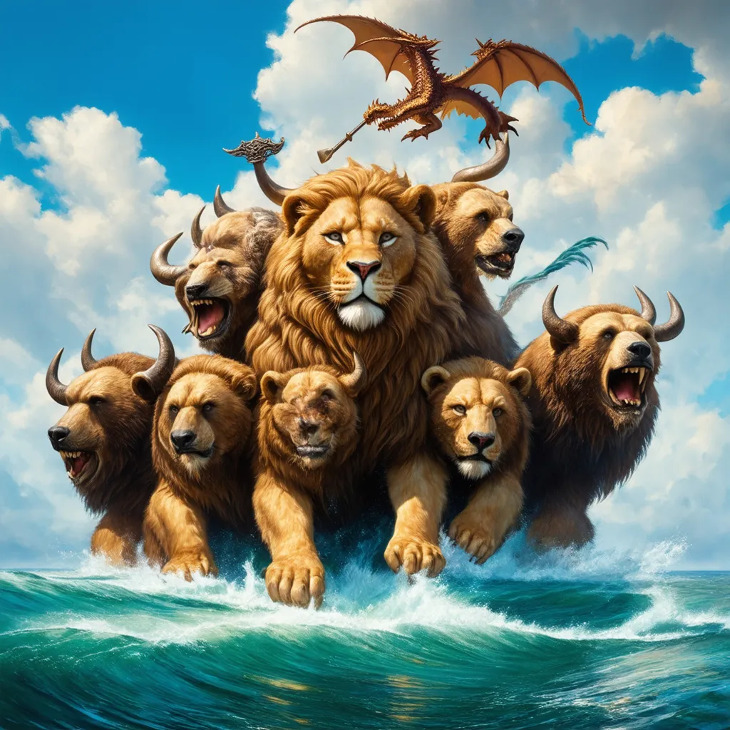 Prompt: A 7 headed lion rising out of the sea with feet of a grizzly bear.   there are 10 horns on the heads.  There is a dragon with a scepter hovering above the beast
 