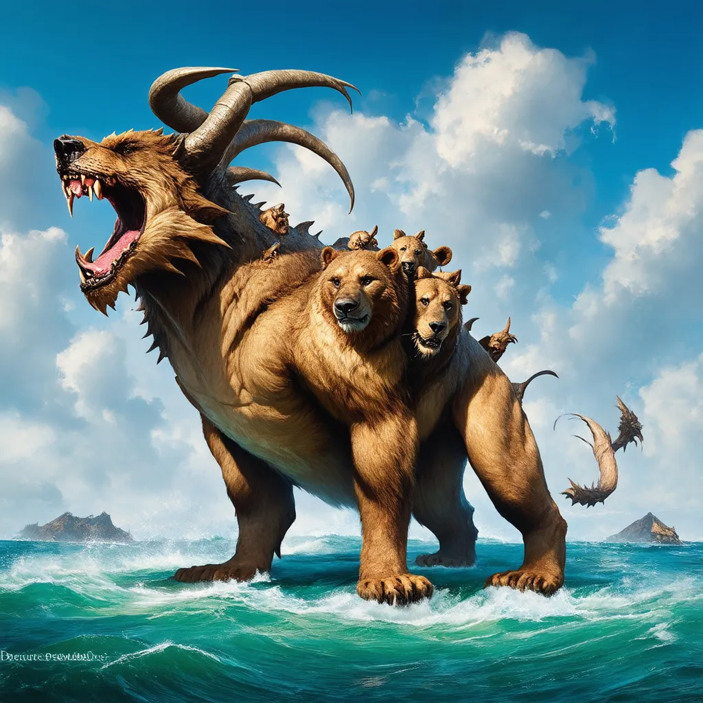 Prompt: A beast rising out of Mediterranean Sea with the feet of a bear, the mouth of a lion, and having 7 heads with 10 horns