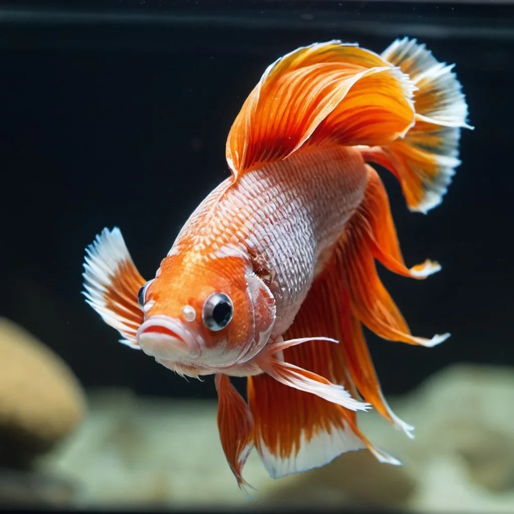 Prompt: A betta fish with a ginger beard and a beanie hat on his head.