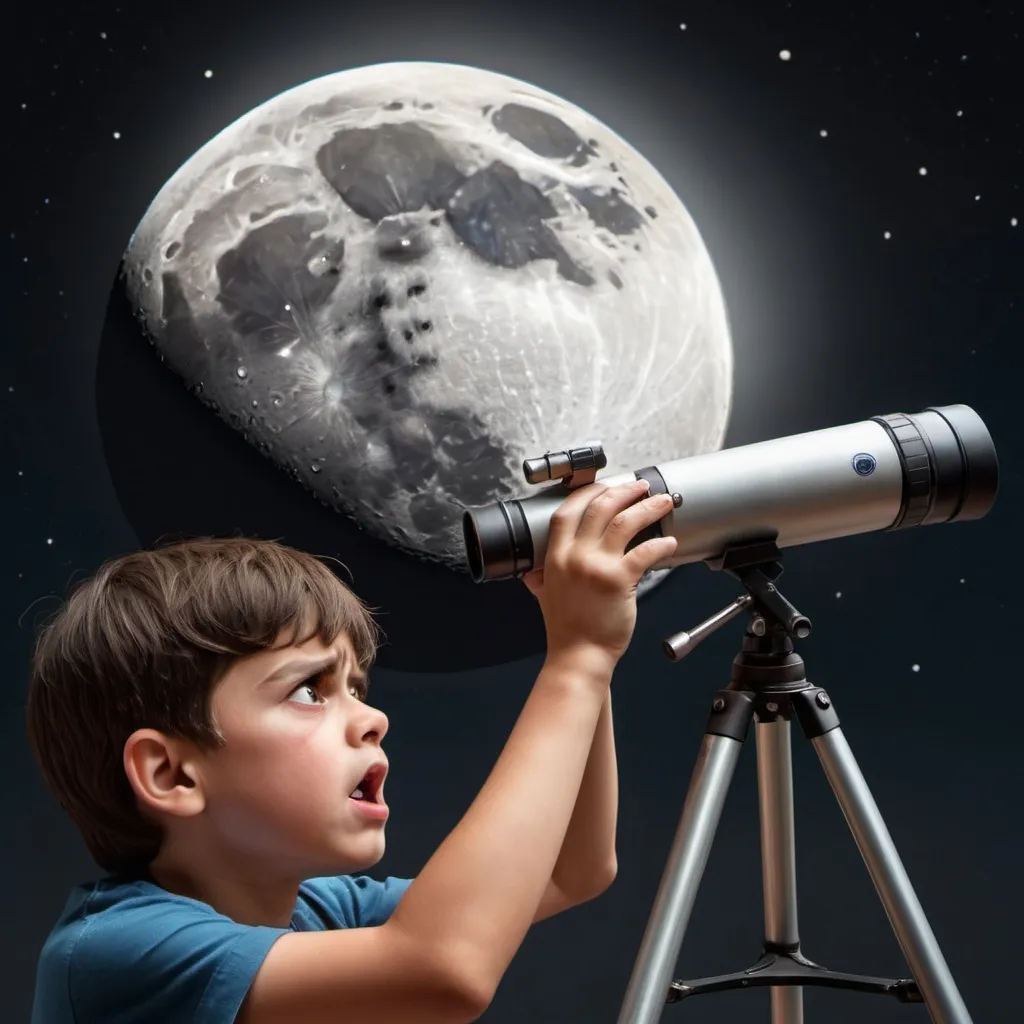 Prompt: The moon (realistic) with an exaggerated angry expression looming closer towards Earth as a boy looks through a telescope.