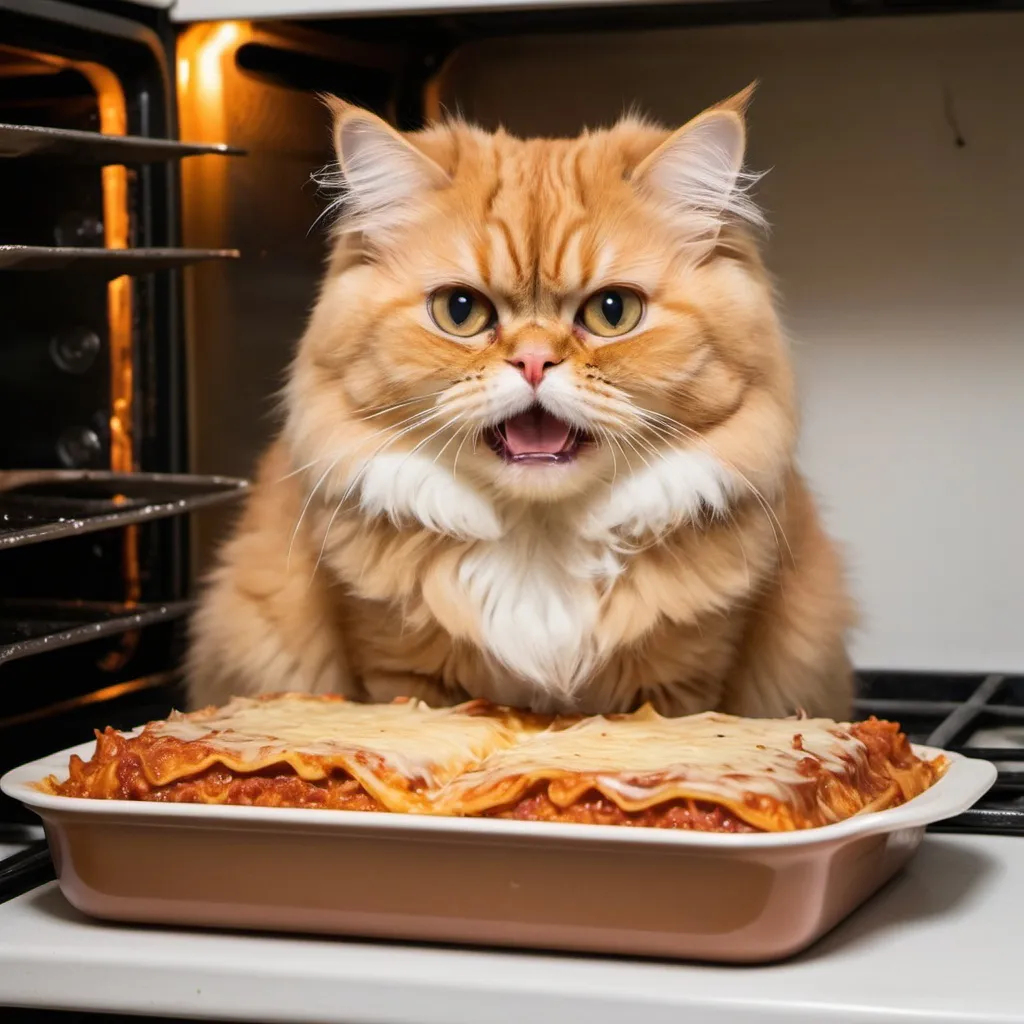 Prompt: A ginger Persian cat sitting in a tray of lasagna.  It struggles to lift its paws from the tray as they are coated with lasagna and stringy cheese.  Its expression is one of fear as the tray is slowly placed into an open oven.