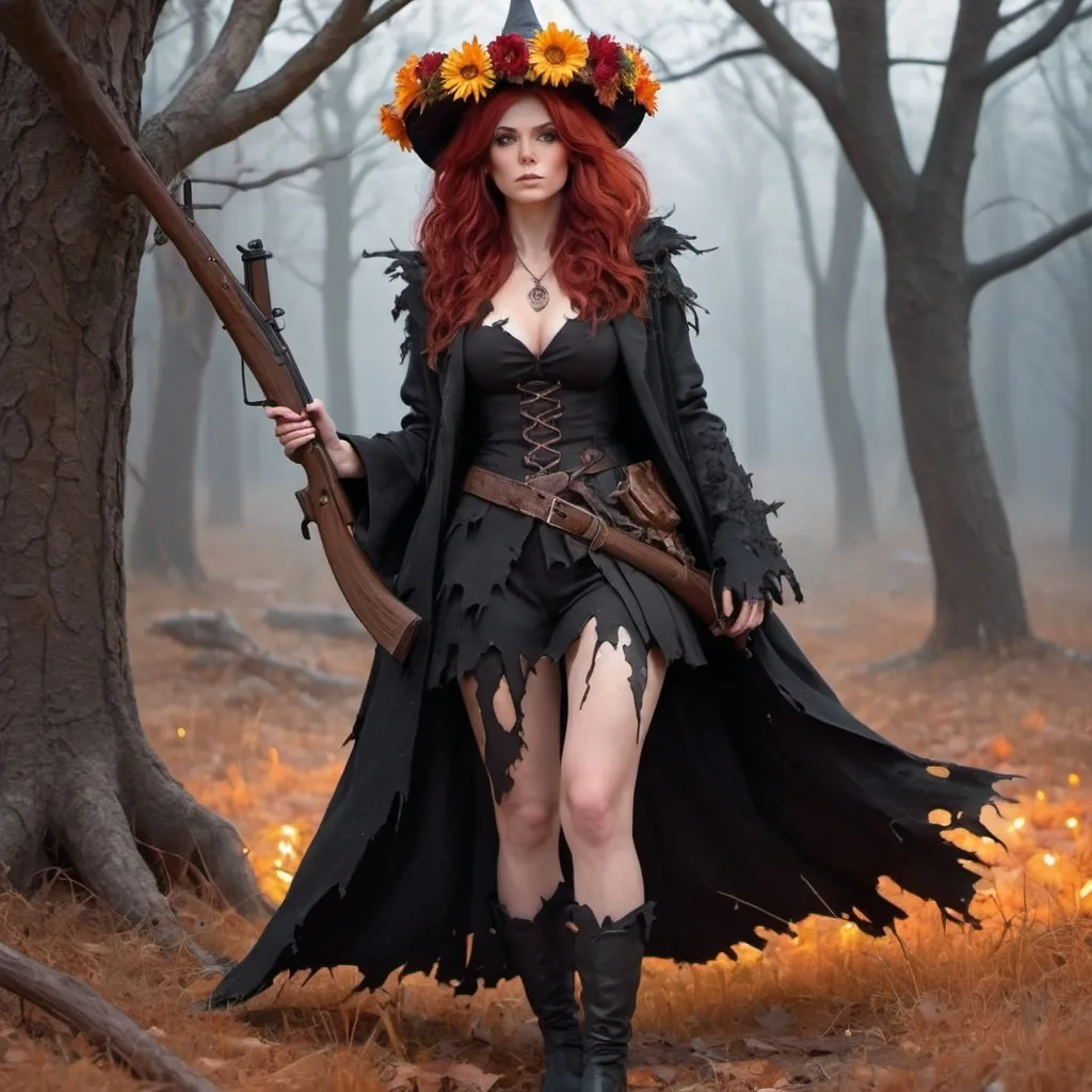 Prompt: adult female witch,  skin  as  brown tree bark, glowing flower wreath on head, black ripped coat, red hair, rifle in hand, full body, barfeet