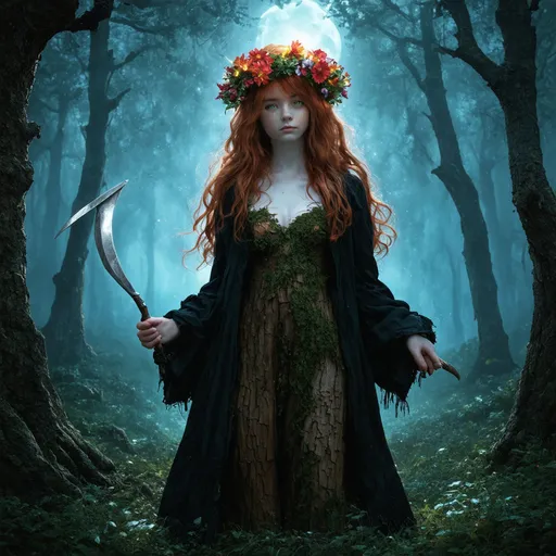 Prompt: young female witch, transformed into a half transparent spirit, skin covered with  brown tree bark, with glowing flower wreath on head, black ripped coat, red hair, sickle in hand