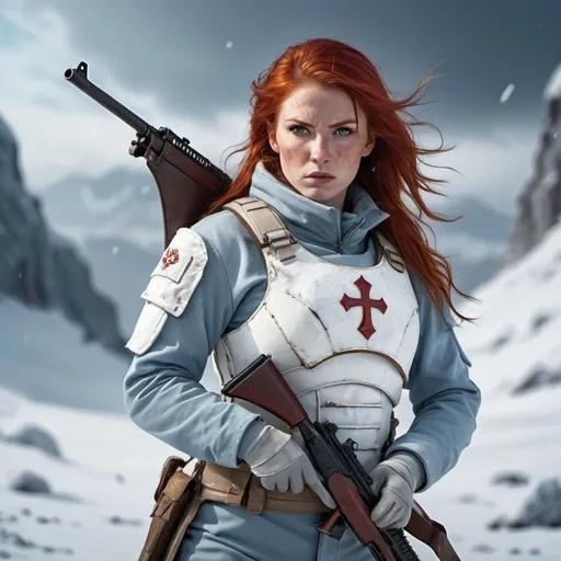 Prompt: adult female north barbaric woman,  warm winter white military uniform, red hair, sickle gun in hand, full body, one person,  ultrarealistic