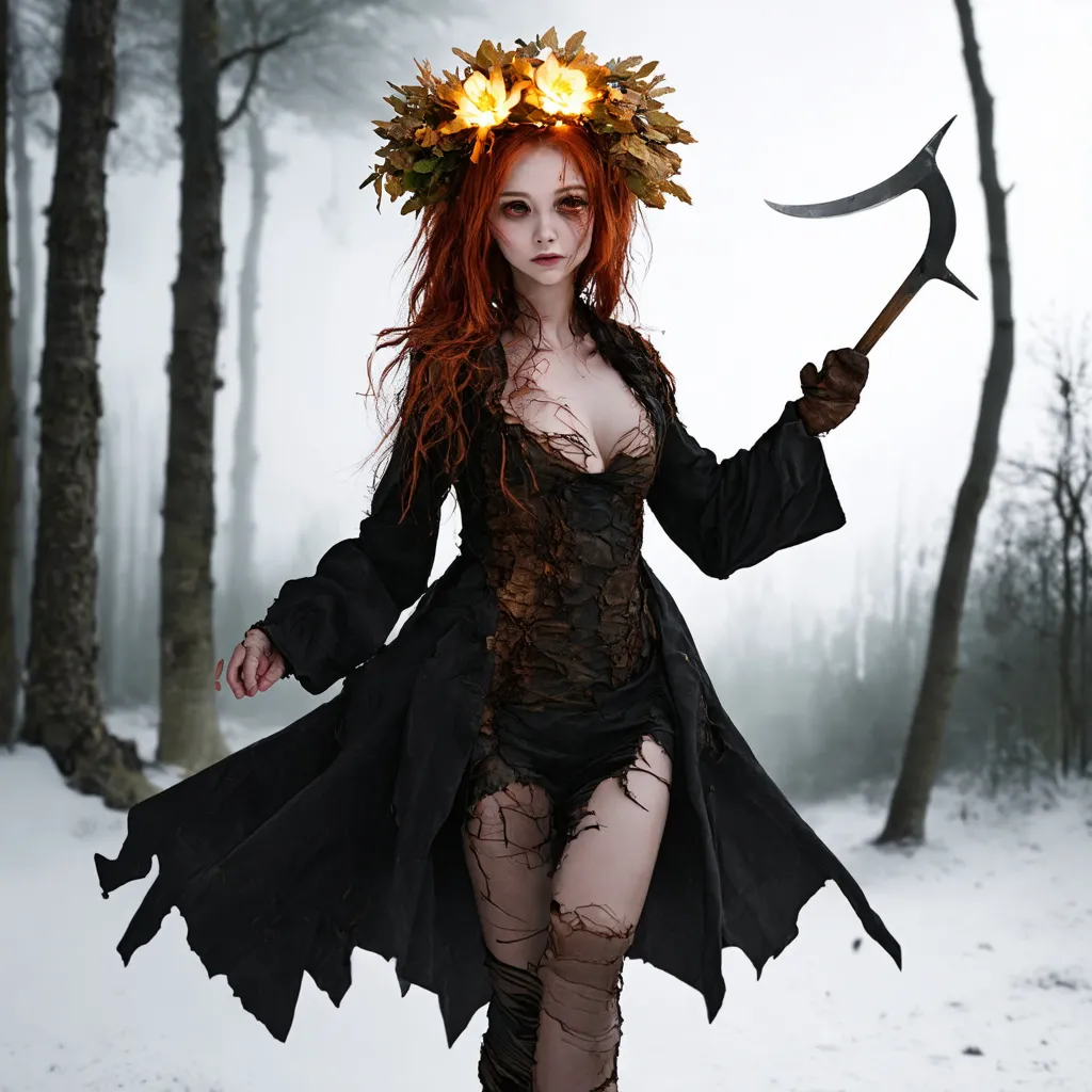 Prompt: young female witch, transformed into a half transparent spirit, skin covered with  brown tree bark, with glowing flower wreath on head, black ripped coat, red hair, sickle in hand