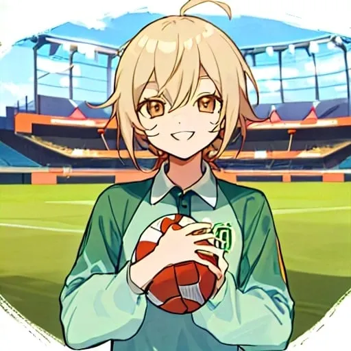 Prompt: フェイ・ルーン from イナズマイレブンGO, Smiling with a football