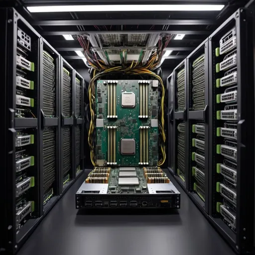 Prompt: A deep learning server is equipped with cpus, Gpus, FPgas and other chips in the chassis, and they are interconnected through lines.