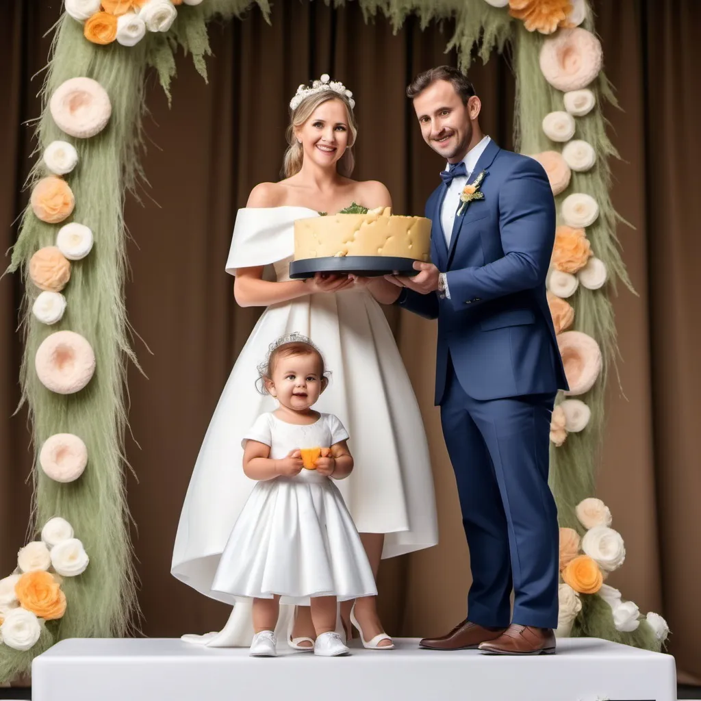 Prompt: 1 year old baby, on the podium with a huge dress getting married. standing happily. the husband is a cheese stick and nice uniform standing alongside the dirty 1 year old on the podium