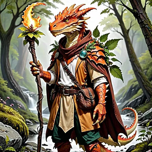 Prompt: DRAGONBORN,  with a tail, skin color wood class druid, He has a magic staff in his right hand. replace the clothes with hiking shorts with the items necessary for travel, replace the cape with a T-shirt, a backpack should be visible on the back, all the skin should resemble the scales of a tree flower