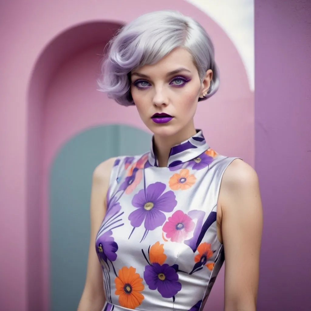 Prompt: Prompt: vogue full body editorial photoshoot of glamorous woman, wearing a colorful floral pattern dress, Miami pastel art deco district, retrofuturism style, big Violet eyes, big glossy Purple lips, Silver Grey Short Pixie Bob Hair Cut Style, dynamic pose, Tim Walker --stylize 250.0