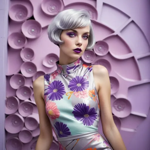 Prompt: Prompt: vogue full body editorial photoshoot of glamorous woman, wearing a colorful floral pattern dress, Miami pastel art deco district, retrofuturism style, big Violet eyes, big glossy Purple lips, Silver Grey Short Pixie Bob Hair Cut Style, dynamic pose, Tim Walker --stylize 250.0