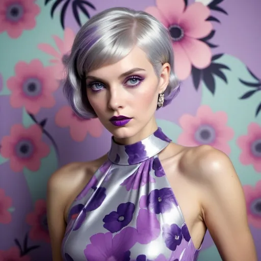 Prompt: Prompt: vogue full body editorial photoshoot of glamorous woman, wearing a colorful floral pattern dress, Miami pastel art deco district, retrofuturism style, big Violet eyes, big glossy Purple lips, Silver Grey Short Pixie Bob Hair Cut Style, dynamic pose, Tim Walker --stylize 250.0