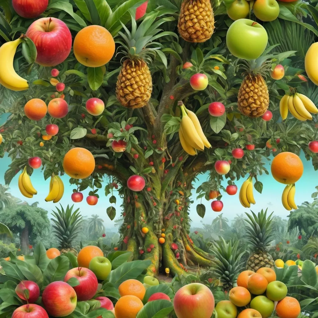 Prompt: Surreal or digitally altered images showing trees with multiple types of fruit: apple, orange, banana, ananas, 

