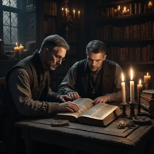 Prompt: Two men sitting at a table, surrounded by ancient and strange books. One of them, Warren, holds a large, mysterious book with arcane symbols, with a darker disturbing style