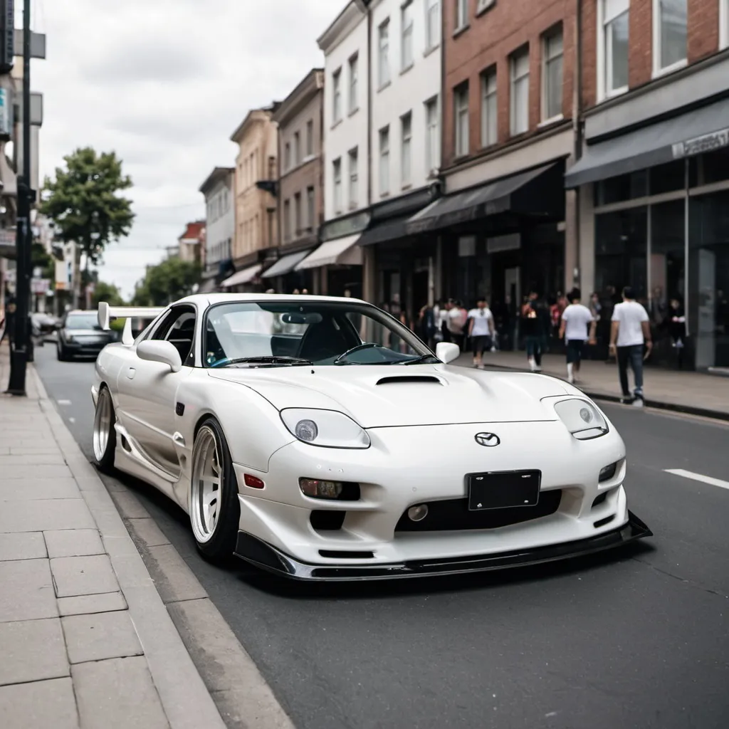 Prompt: a white Mazda rx7 on the streets with a wide bodykit

