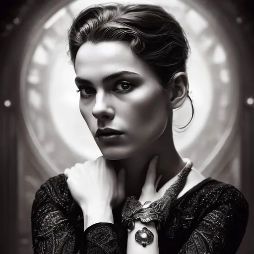 Prompt: a woman is posing in a black and white photo, in the style of modern jewelry, intricately textured, firmin baes, daniela uhlig, pierce brosnan, strong color contrasts, gemstone