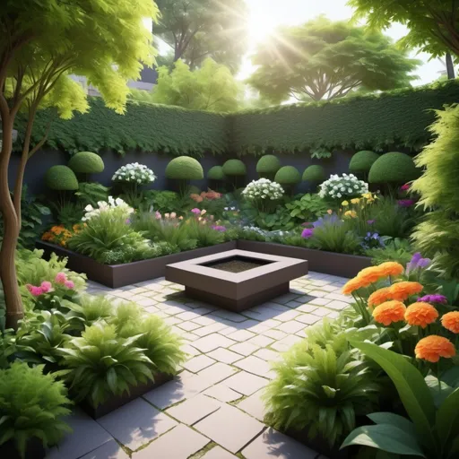 Prompt: Square garden design, lush greenery with beautiful floral arrangements, vibrant colors, tranquil atmosphere, 175 square feet written prominently in the center surrounded by delightful plants, square root (175) along the garden's edge, bright sunlight filtering through, inviting and serene vibe,