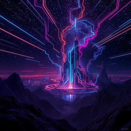 Prompt: "High-contrast digital art wallpaper: a futuristic abstract landscape with dark mountains in the foreground and a neon sky filled with floating light trails in shades of electric blue, vibrant pink, and fiery orange. At the center of the image stands a glowing futuristic structure reflecting the light, with a neon city skyline stretching in the background. The base tones are deep and dark, sharply contrasting with the luminous elements, creating a bold visual balance. The style evokes cinematic cyberpunk, with pronounced lighting transitions and sparkling particles in the atmosphere."