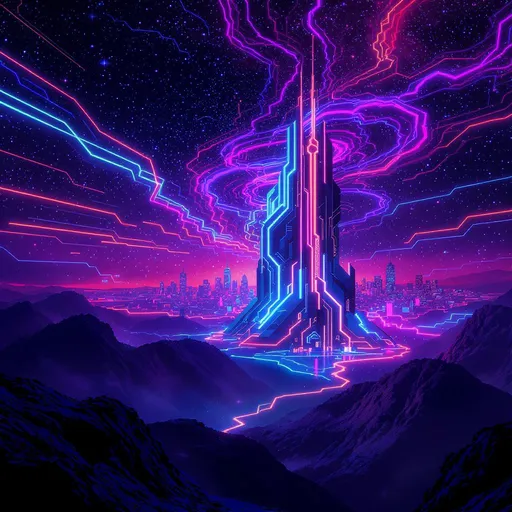 Prompt: "High-contrast digital art wallpaper: a futuristic abstract landscape with dark mountains in the foreground and a neon sky filled with floating light trails in shades of electric blue, vibrant pink, and fiery orange. At the center of the image stands a glowing futuristic structure reflecting the light, with a neon city skyline stretching in the background. The base tones are deep and dark, sharply contrasting with the luminous elements, creating a bold visual balance. The style evokes cinematic cyberpunk, with pronounced lighting transitions and sparkling particles in the atmosphere."