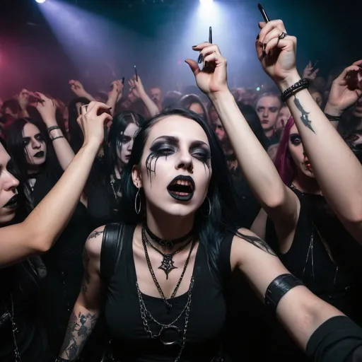 Prompt: Goth moshpit at a health concert, chaotic atmosphere with people drinking, intense energy, dark and edgy aesthetic, vivid and dramatic lighting, high energy, mayhem, intense emotions, detailed gothic makeup, dynamic crowd movement, gritty and raw, high contrast, concert stage, vibrant and bold colors, immersive experience, rock concert, vibrant and dramatic lighting, high intensity, party atmosphere, dark and edgy, intense emotions, chaotic energy, detailed gothic makeup