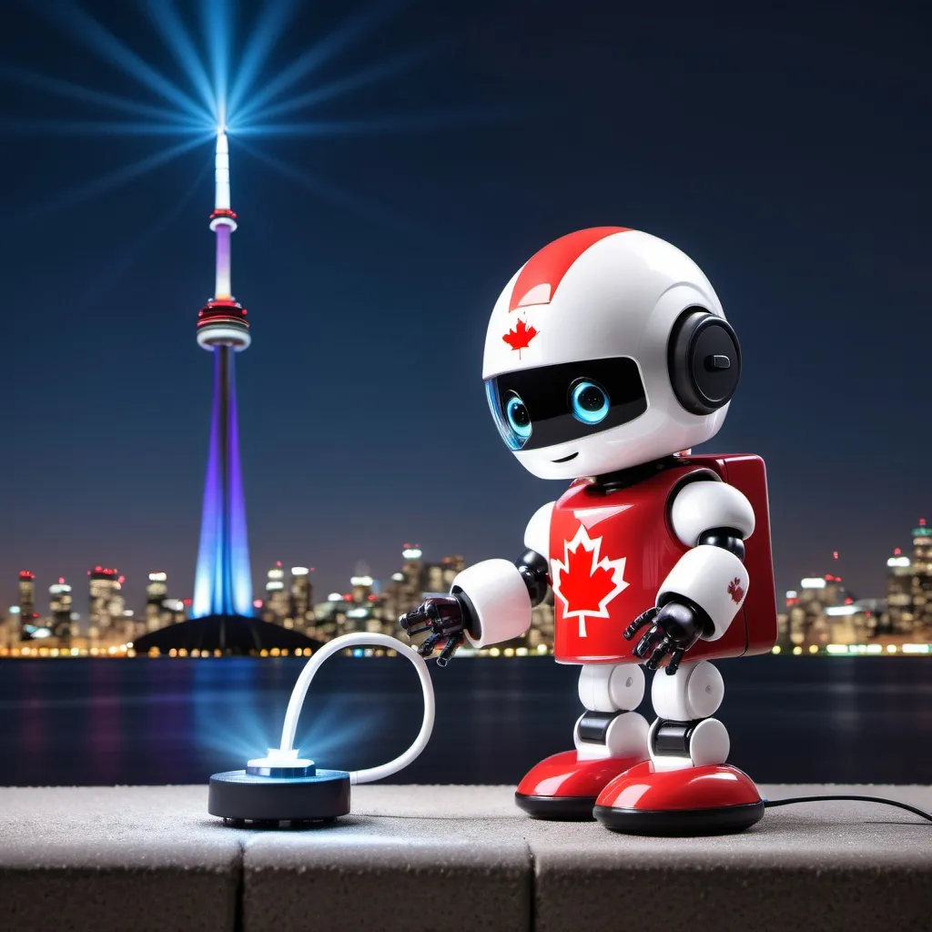 Prompt: One cute, friendly micro robot wearing a Canadian uniform plugging an electrical outlet into the base of the CN Tower. Glowing lights lead from plug to top of the CN Tower emanating an aura
