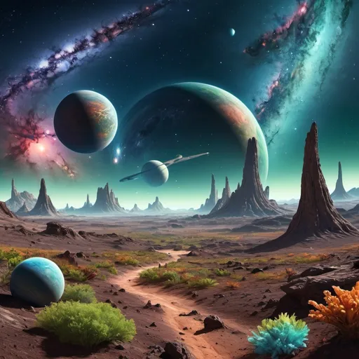 Prompt: (realistic image of a distant galaxy system with extraterrestrial life), vibrant colors, (ultra-detailed) alien landscapes, cosmic nebulae, various planets with lush vegetation, and unusual creatures roaming the terrain, starry skies, intricate galactic formations, (high-definition) rich textures, engraced atmosphere of wonder and curiosity, (from different angles) showcasing life thriving in this interstellar environment.