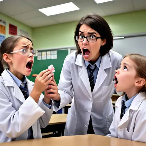 Prompt: generate 2 people a teacher wearing a lab coat and a student wearing a lab coat inside of a chemistry classroom. generate teh teacher yelling at the stidemt fpr chewing gum 
 make the student a male and have the teeacher have a angry expresion on their face while the student has a sad expresion on their face and make them